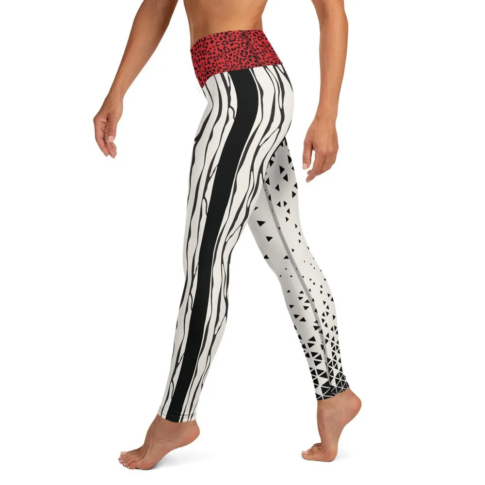 Black and Cream Geo with Red Cheetah Waist - Yoga Leggings