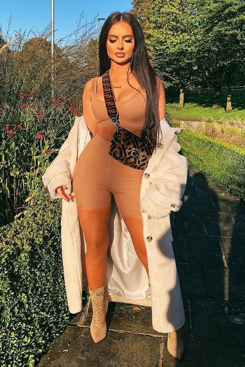 Camel Ribbed Crop Top and Cycling Shorts Co-ord - Renny