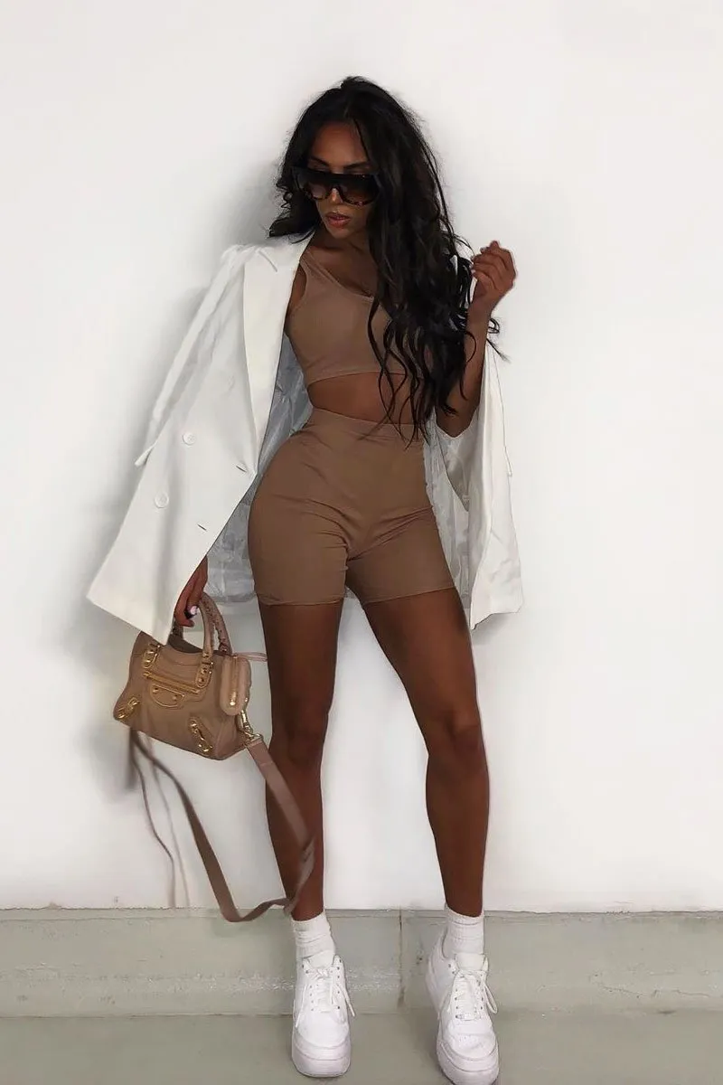 Camel Ribbed Crop Top and Cycling Shorts Co-ord - Renny