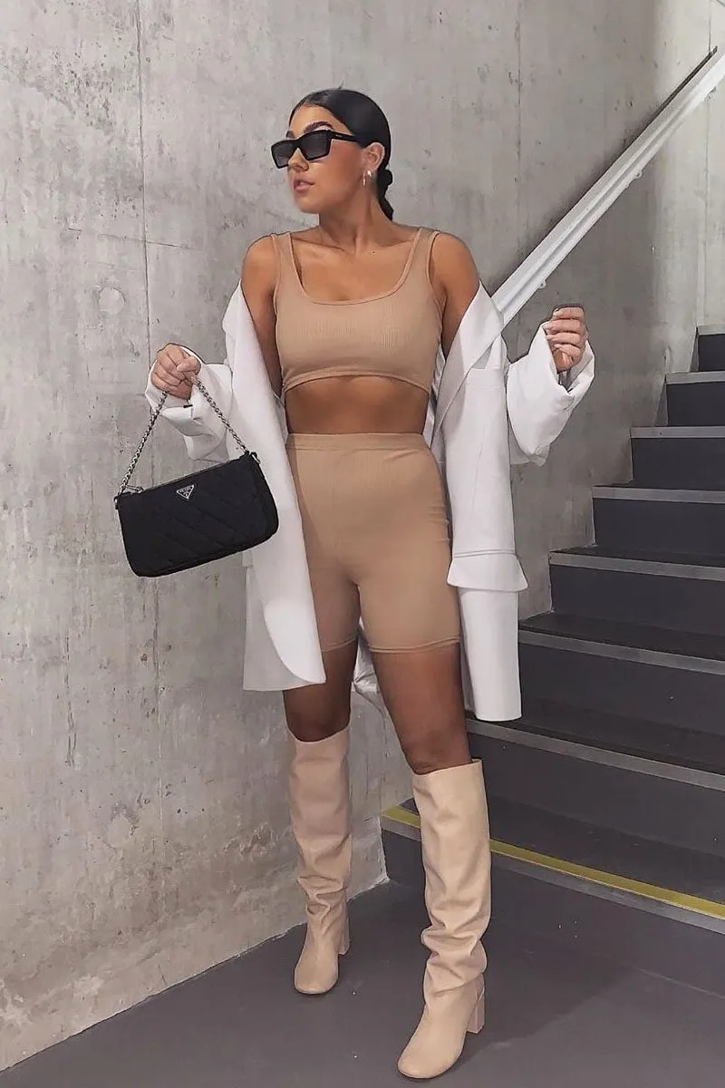 Camel Ribbed Crop Top and Cycling Shorts Co-ord - Renny