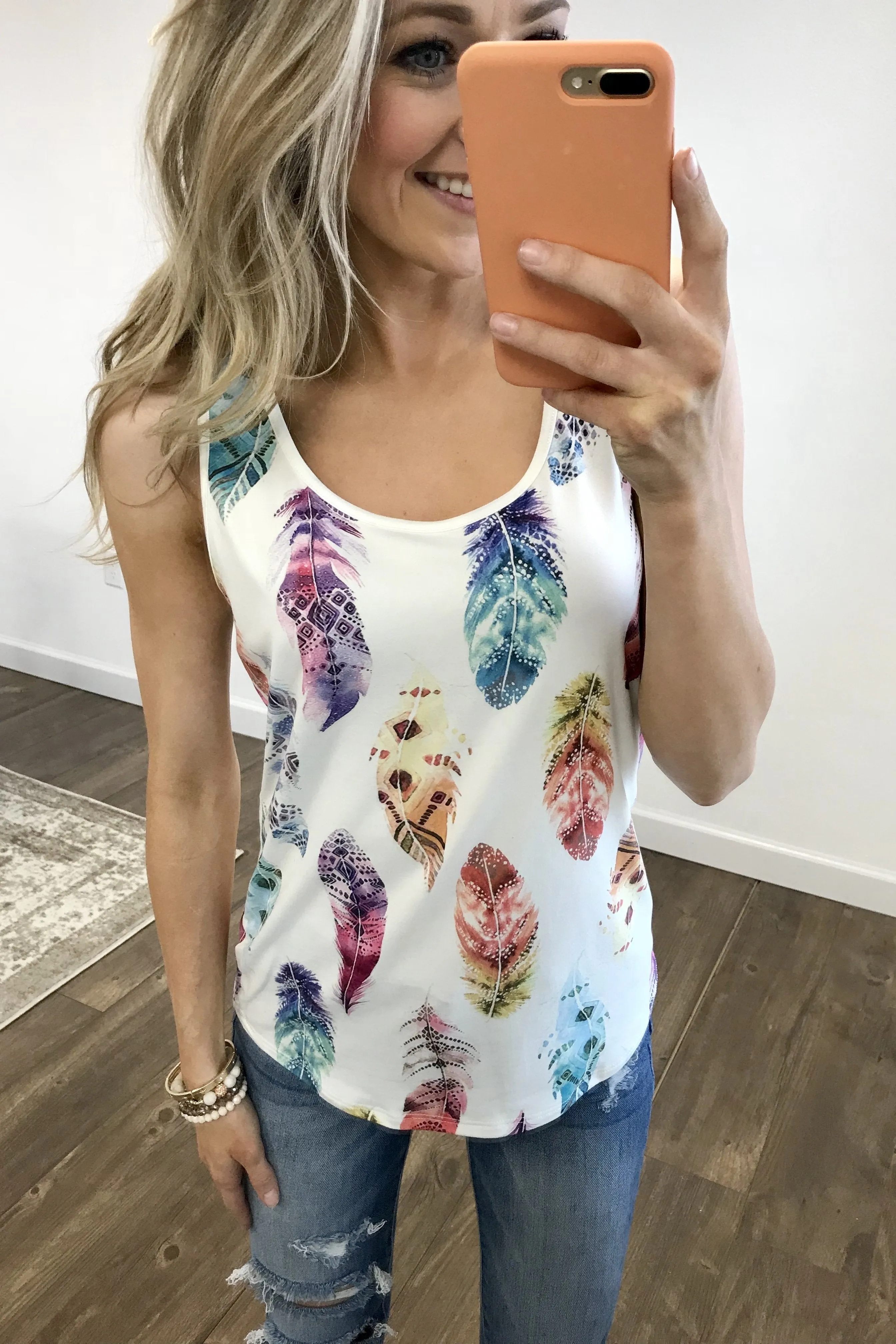 Catching Dreams Aztec Feather Tank Top- Ivory