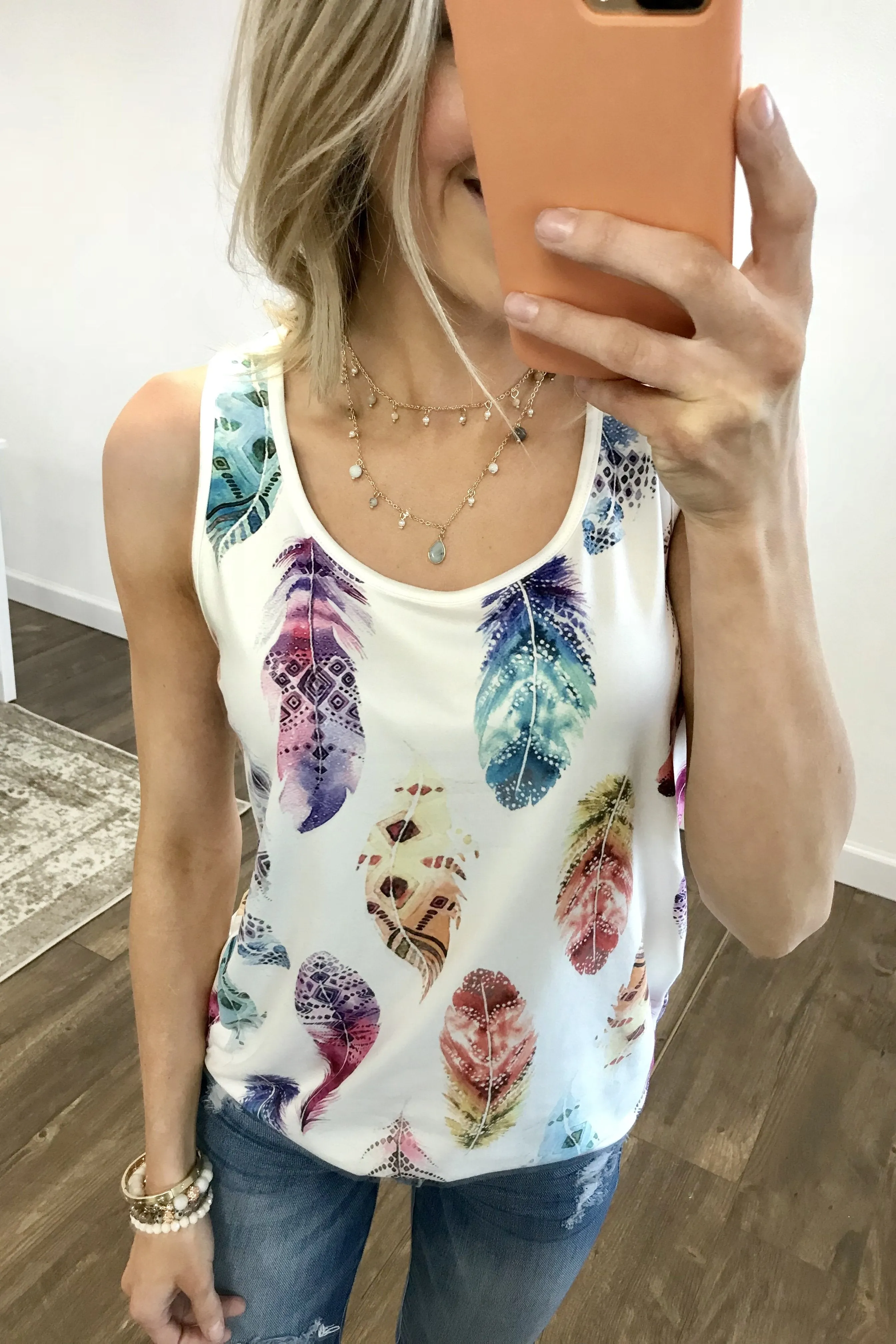 Catching Dreams Aztec Feather Tank Top- Ivory
