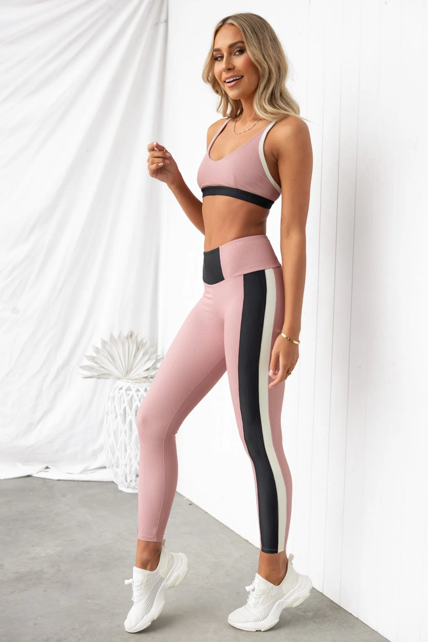 Colour Block Rib Bra - Antique Rose/Black