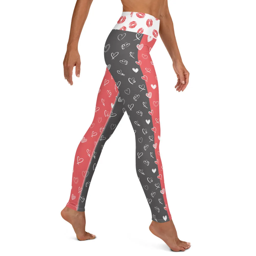 Coral and Gray Hearts and Smooches - Yoga Leggings