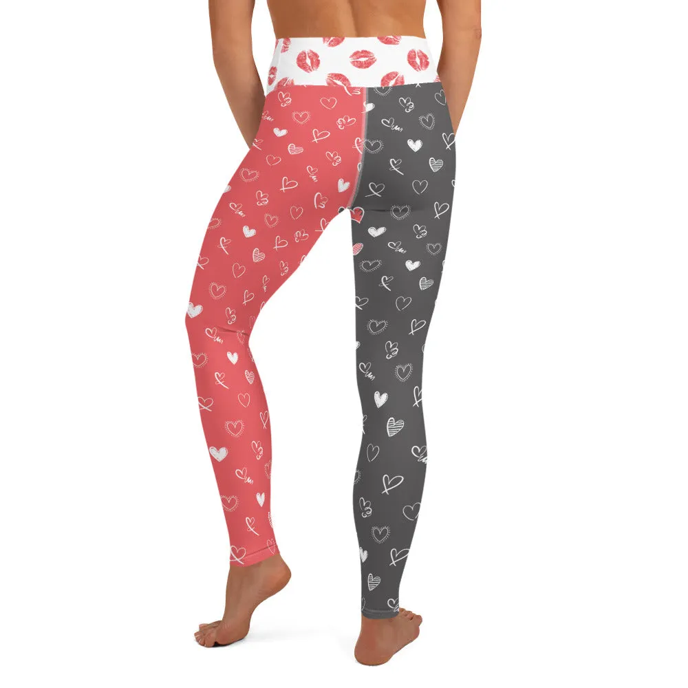 Coral and Gray Hearts and Smooches - Yoga Leggings