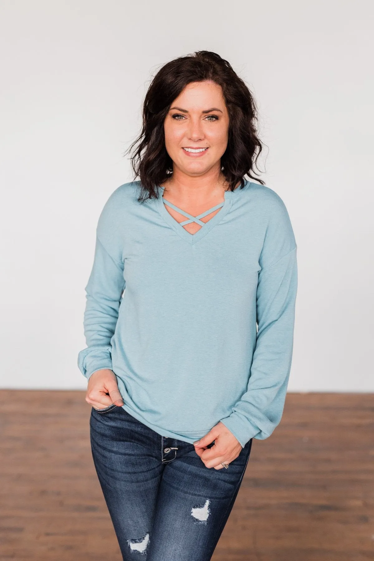 Crossed My Mind Pullover Top- Dusty Teal