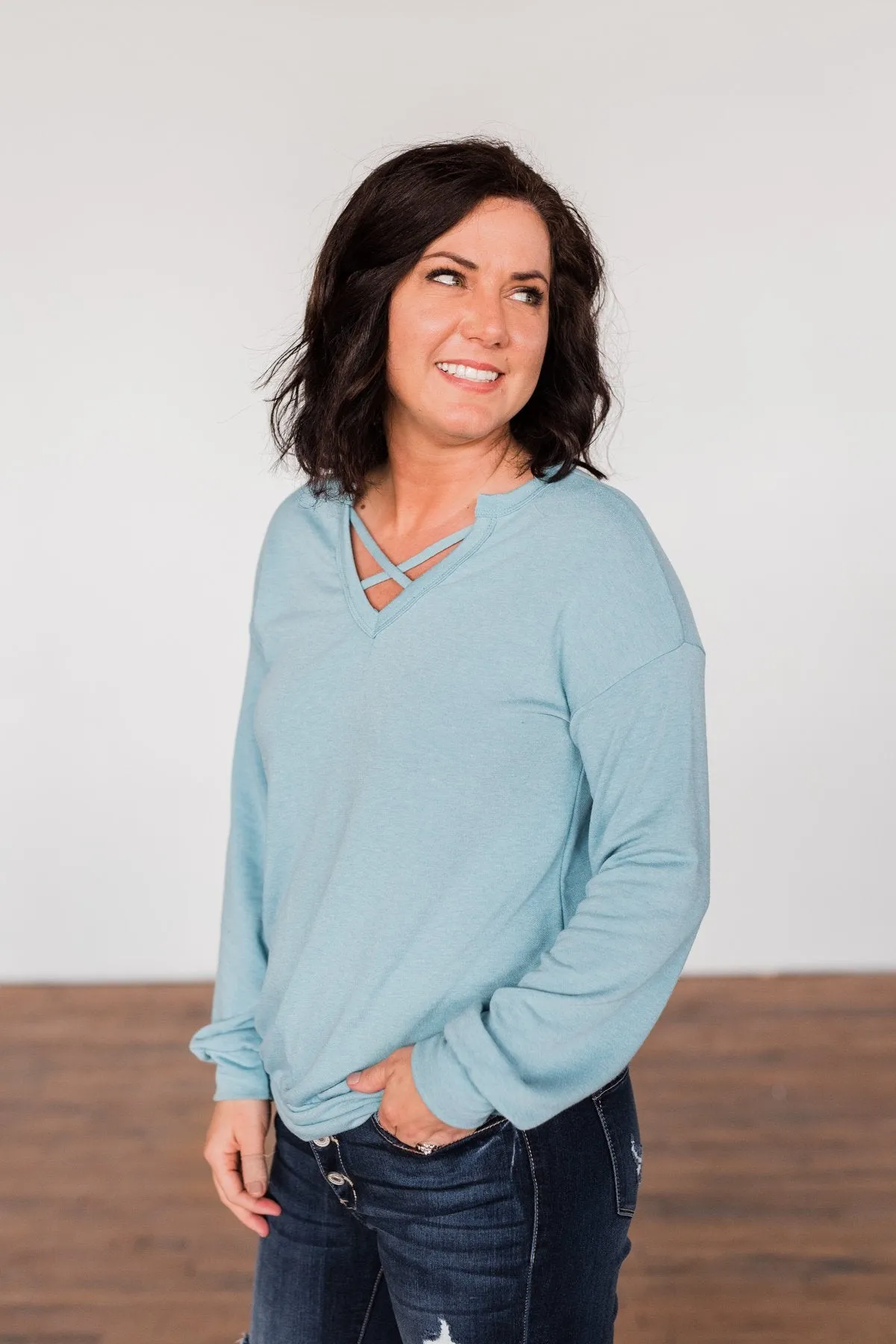 Crossed My Mind Pullover Top- Dusty Teal