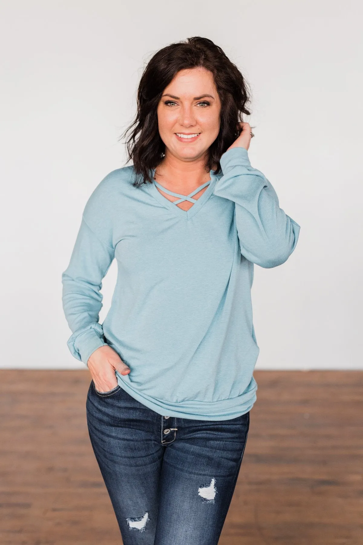Crossed My Mind Pullover Top- Dusty Teal