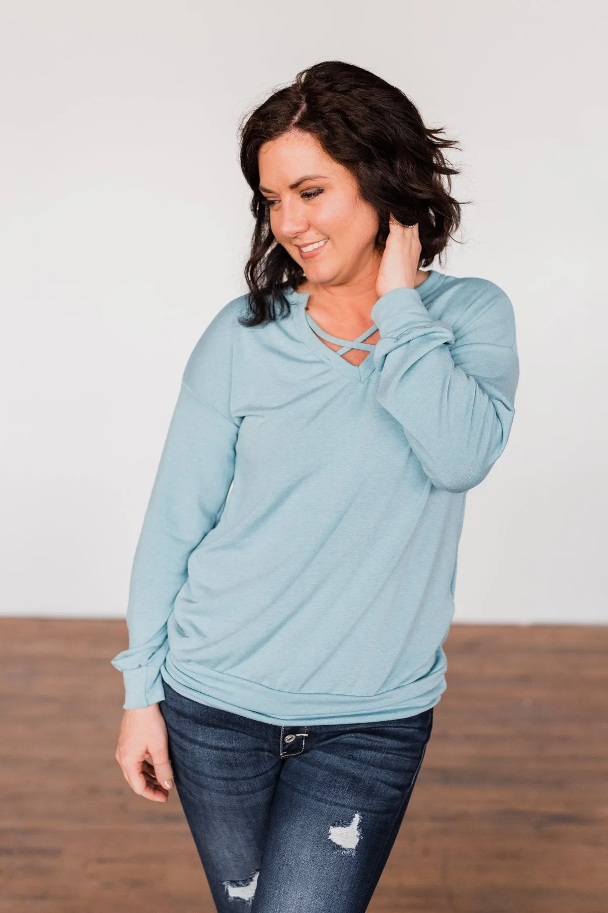 Crossed My Mind Pullover Top- Dusty Teal