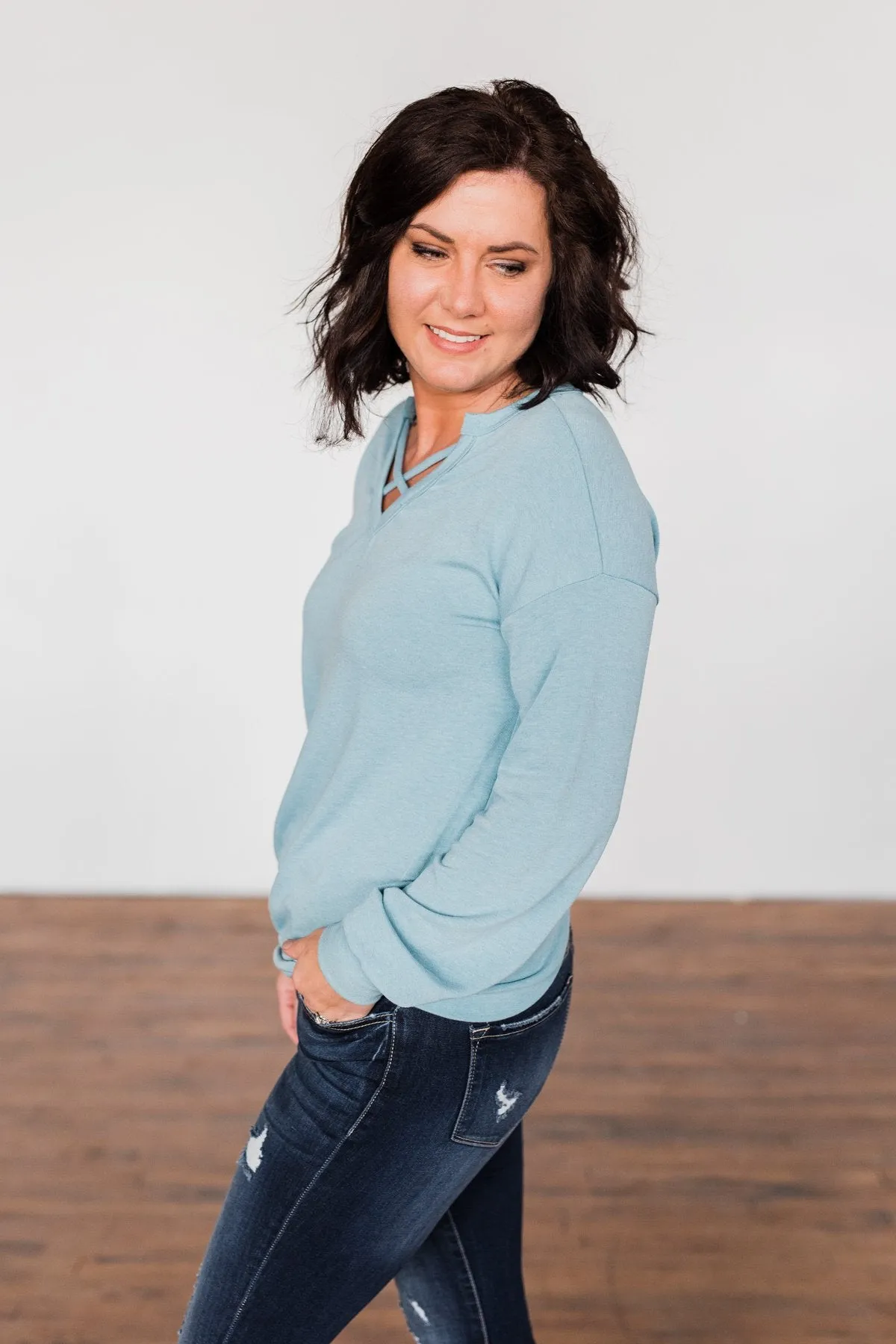 Crossed My Mind Pullover Top- Dusty Teal