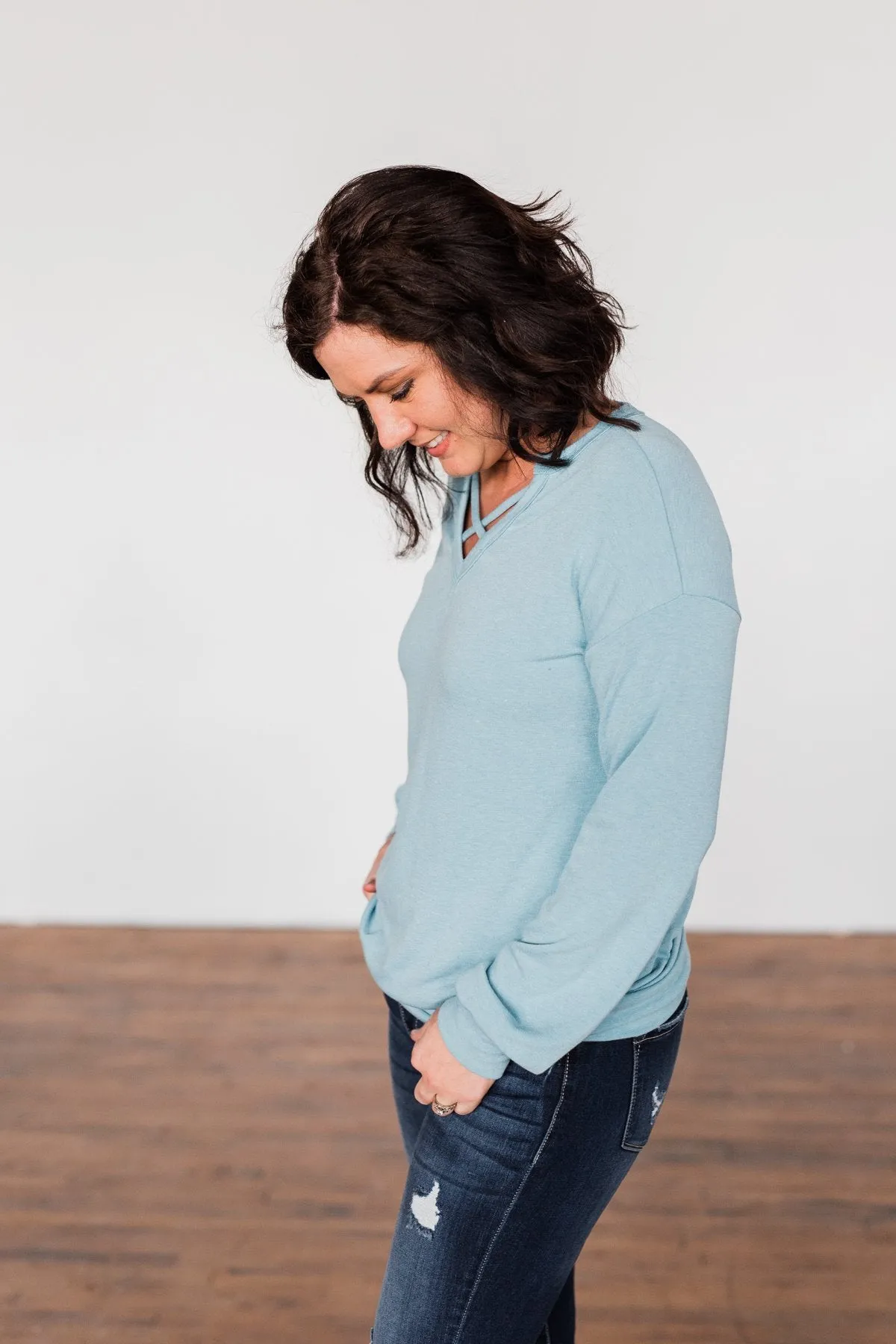 Crossed My Mind Pullover Top- Dusty Teal