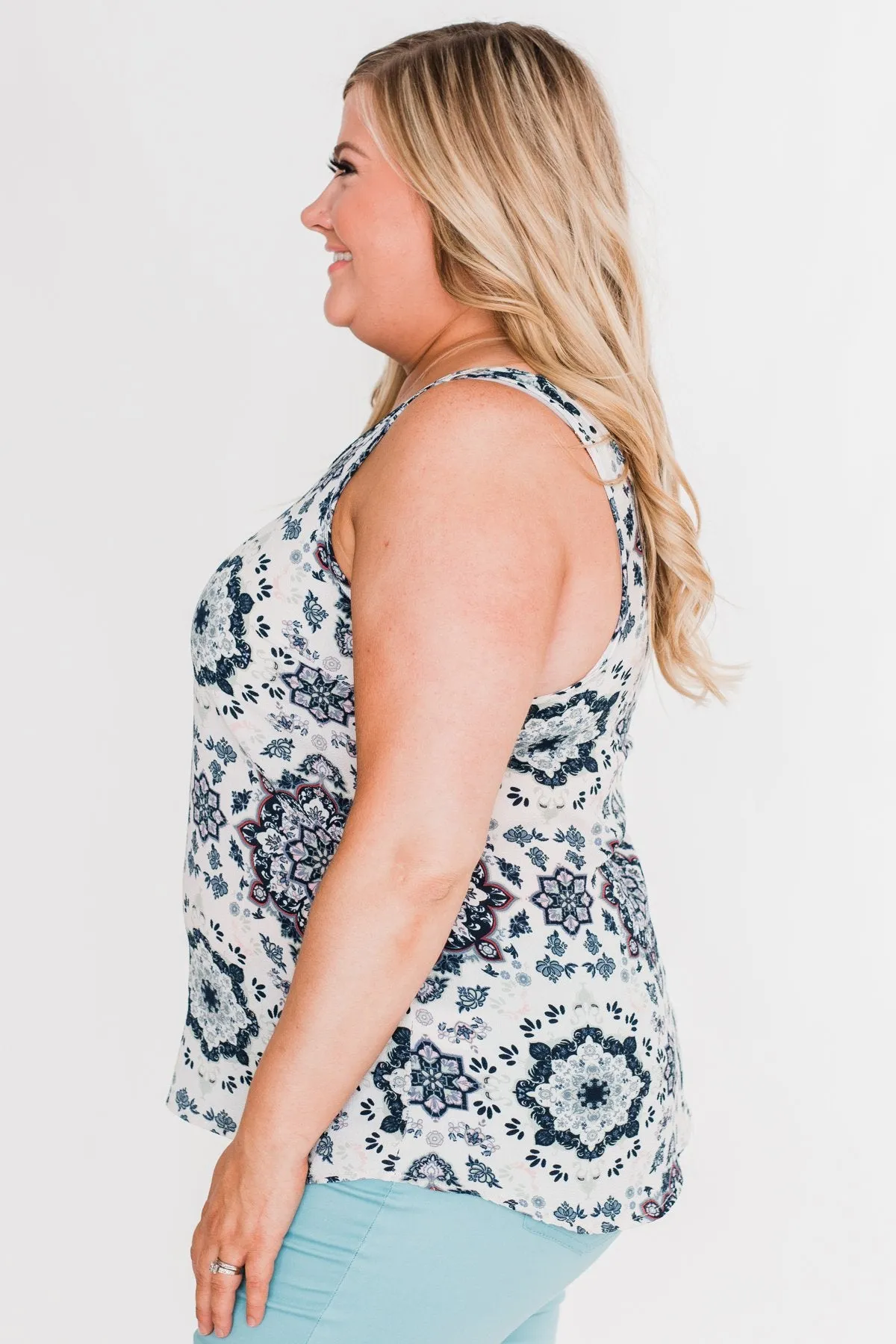 Dance With Me Geo Pattern Tank Top- Ivory & Navy