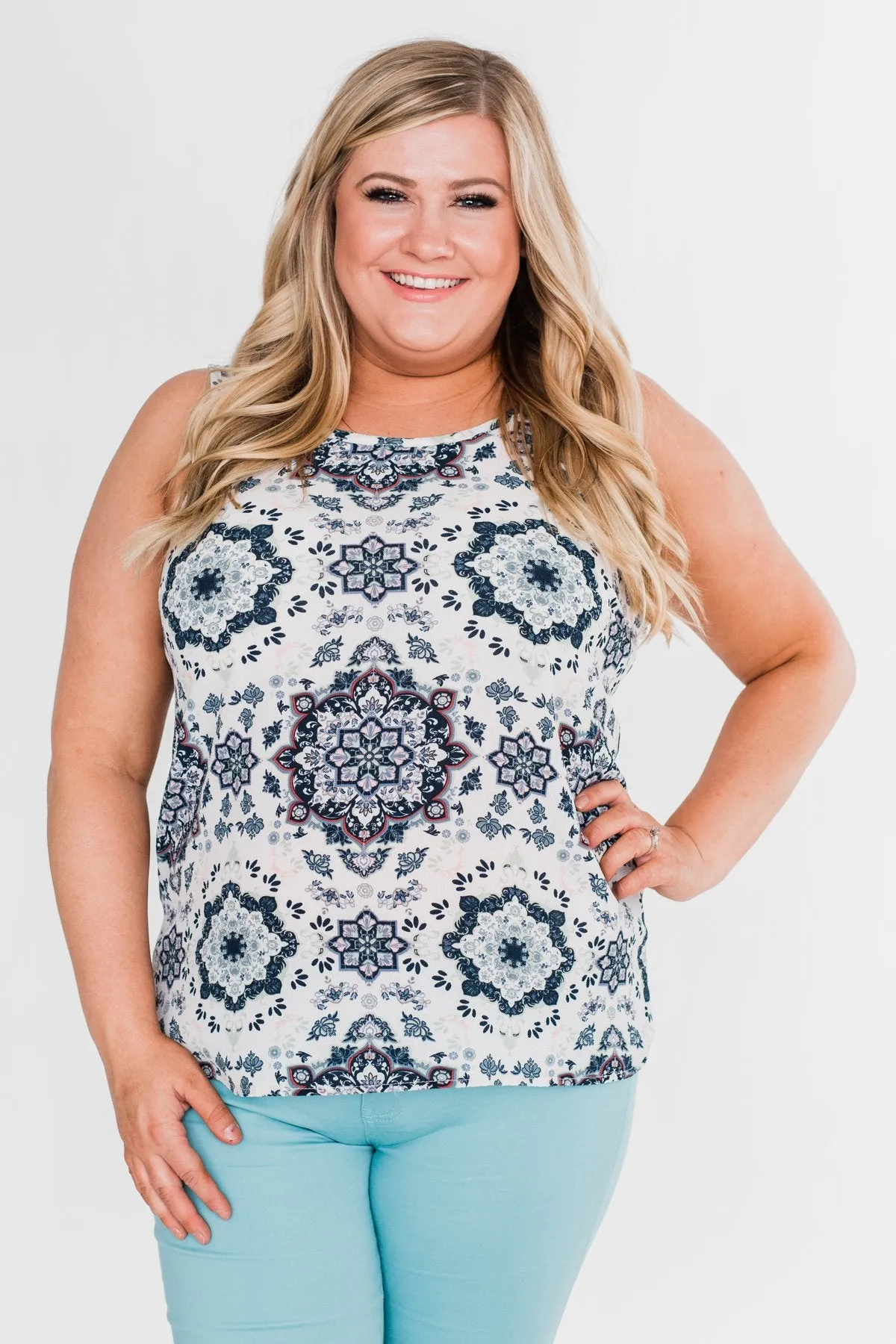Dance With Me Geo Pattern Tank Top- Ivory & Navy