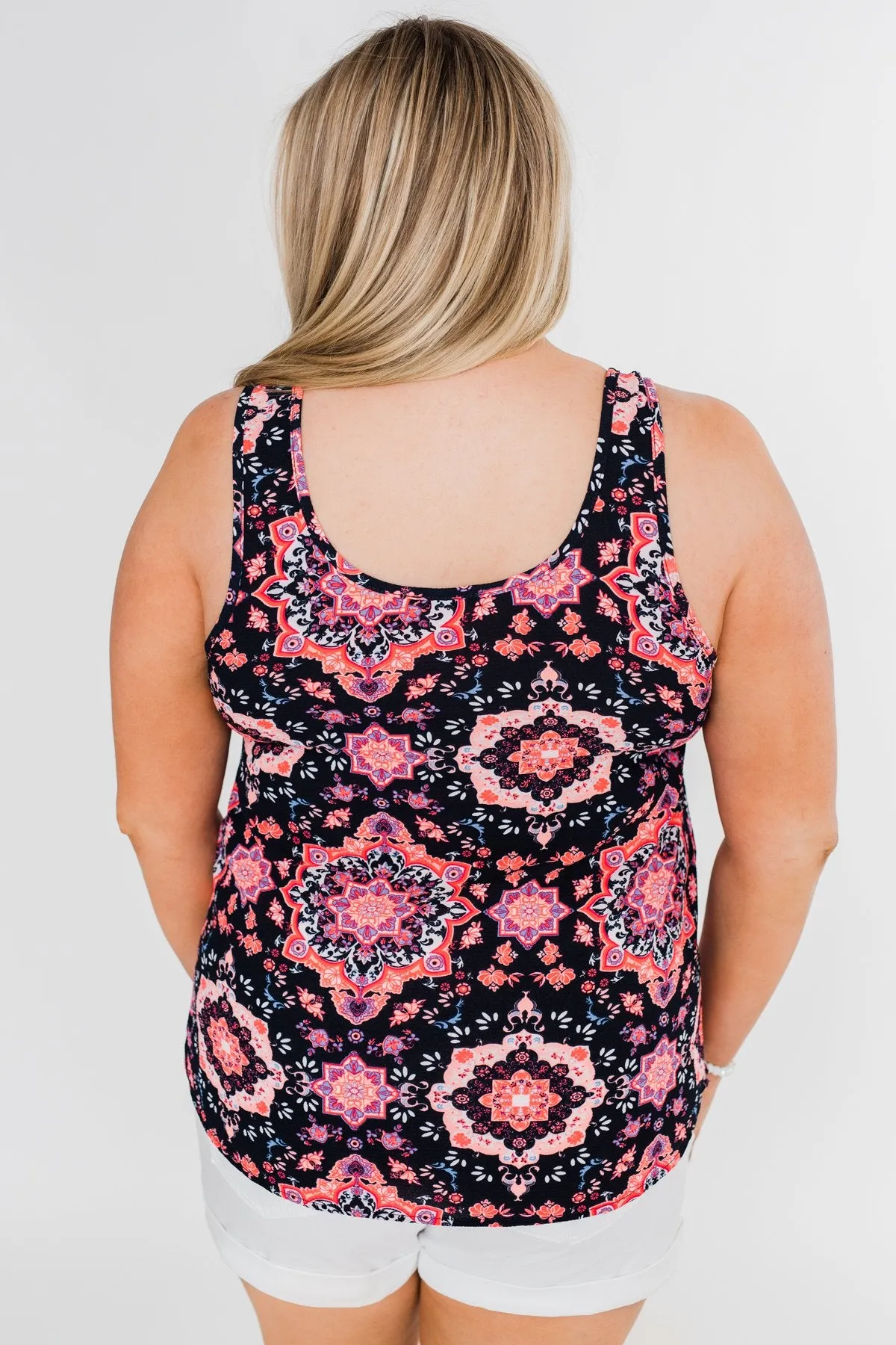 Dance With Me Geo Pattern Tank Top- Navy & Pink