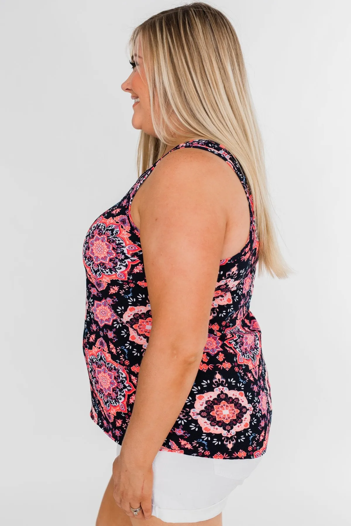 Dance With Me Geo Pattern Tank Top- Navy & Pink
