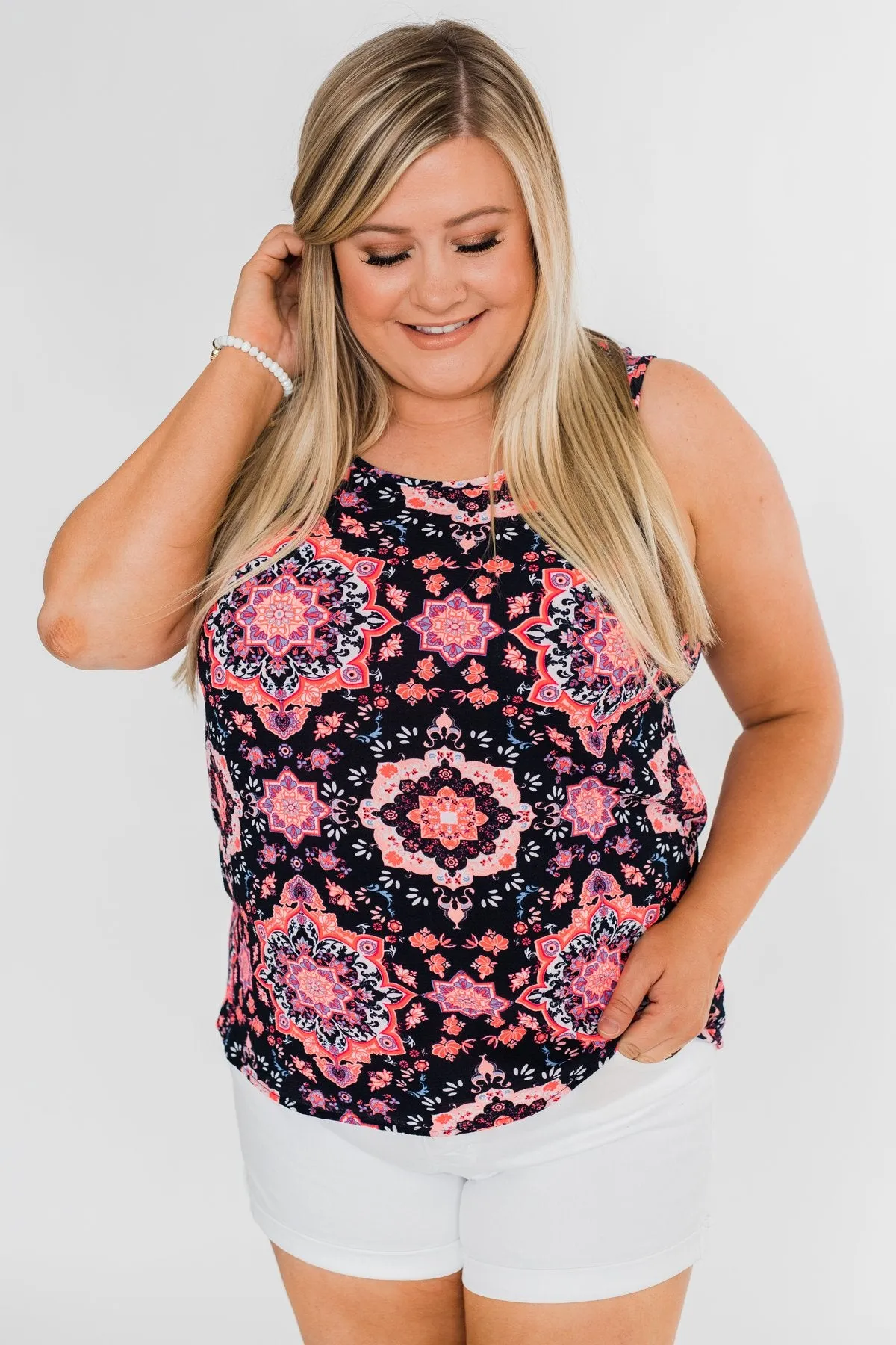 Dance With Me Geo Pattern Tank Top- Navy & Pink