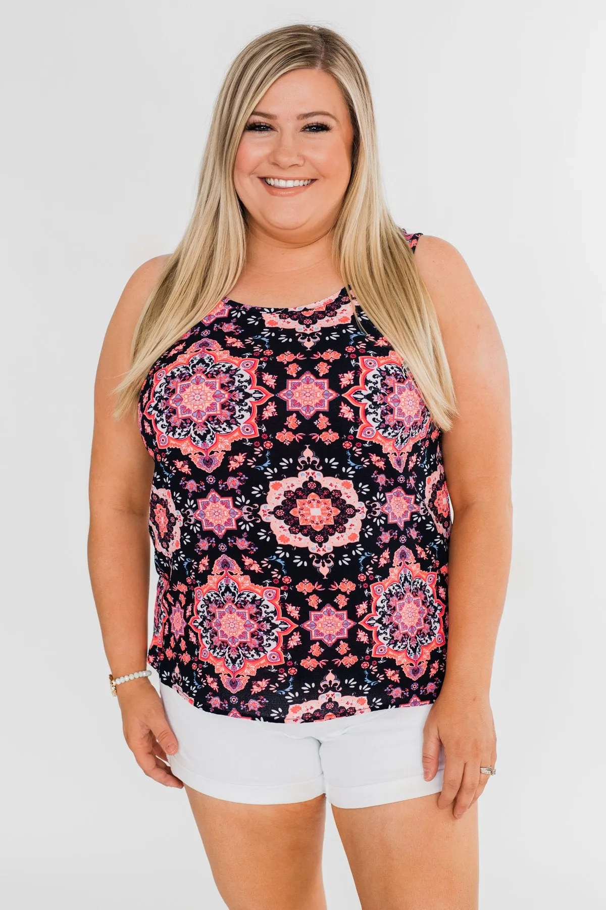 Dance With Me Geo Pattern Tank Top- Navy & Pink