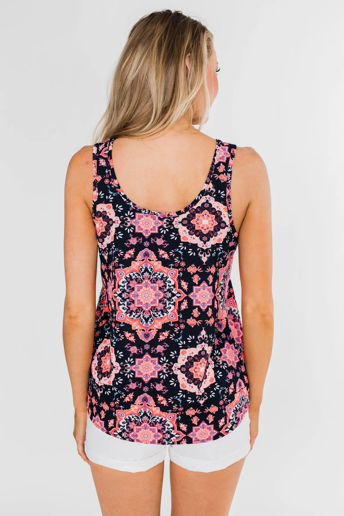 Dance With Me Geo Pattern Tank Top- Navy & Pink
