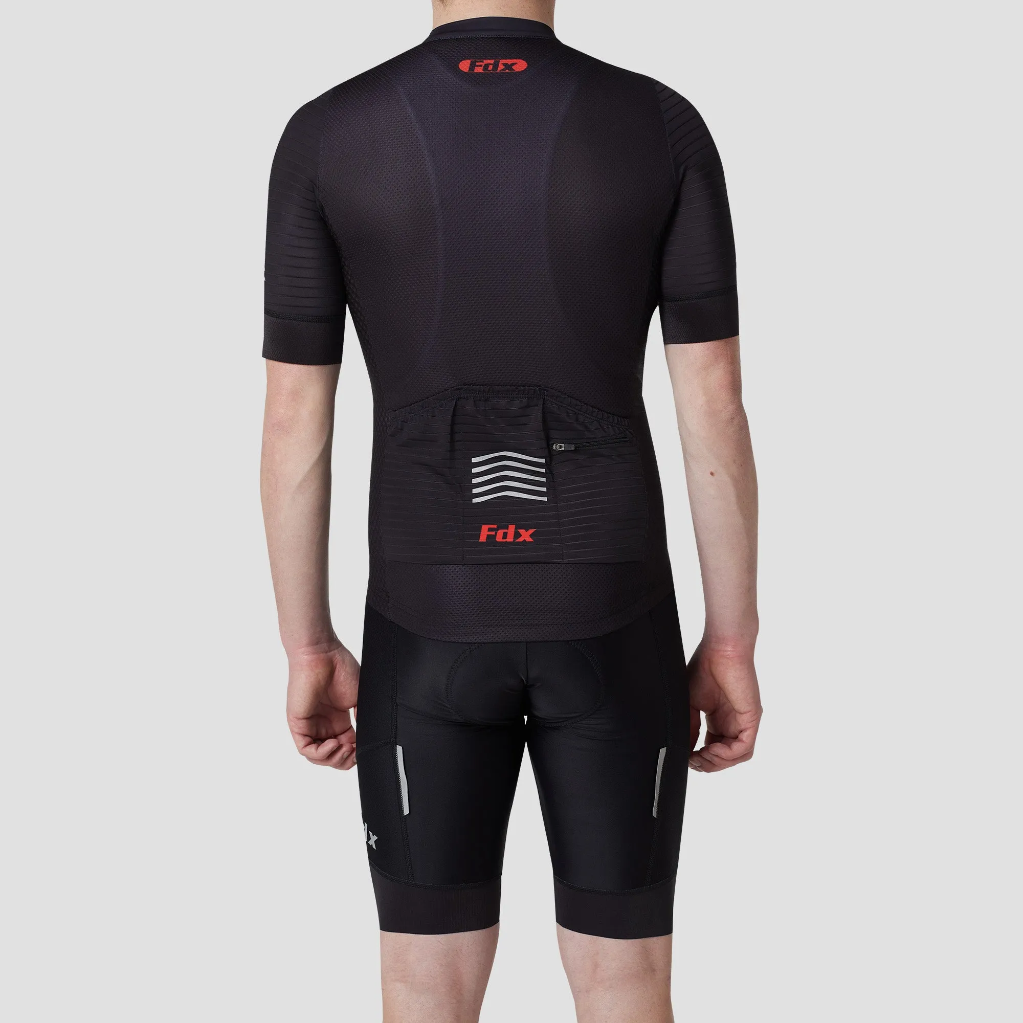 Fdx Men's & Boy's Set Essential Black Short Sleeve Summer Cycling Jersey & Cargo Bib Shorts