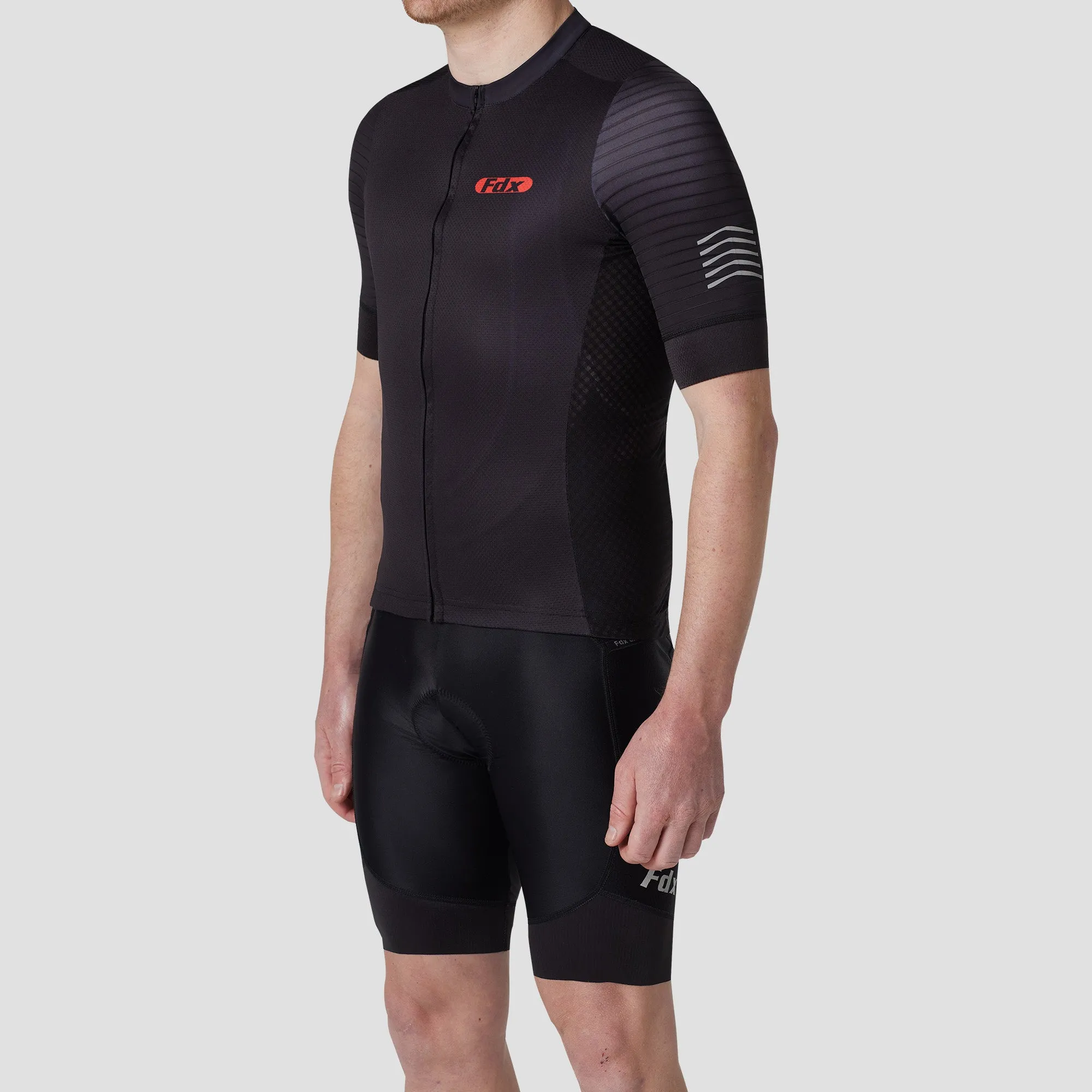 Fdx Men's & Boy's Set Essential Black Short Sleeve Summer Cycling Jersey & Cargo Bib Shorts
