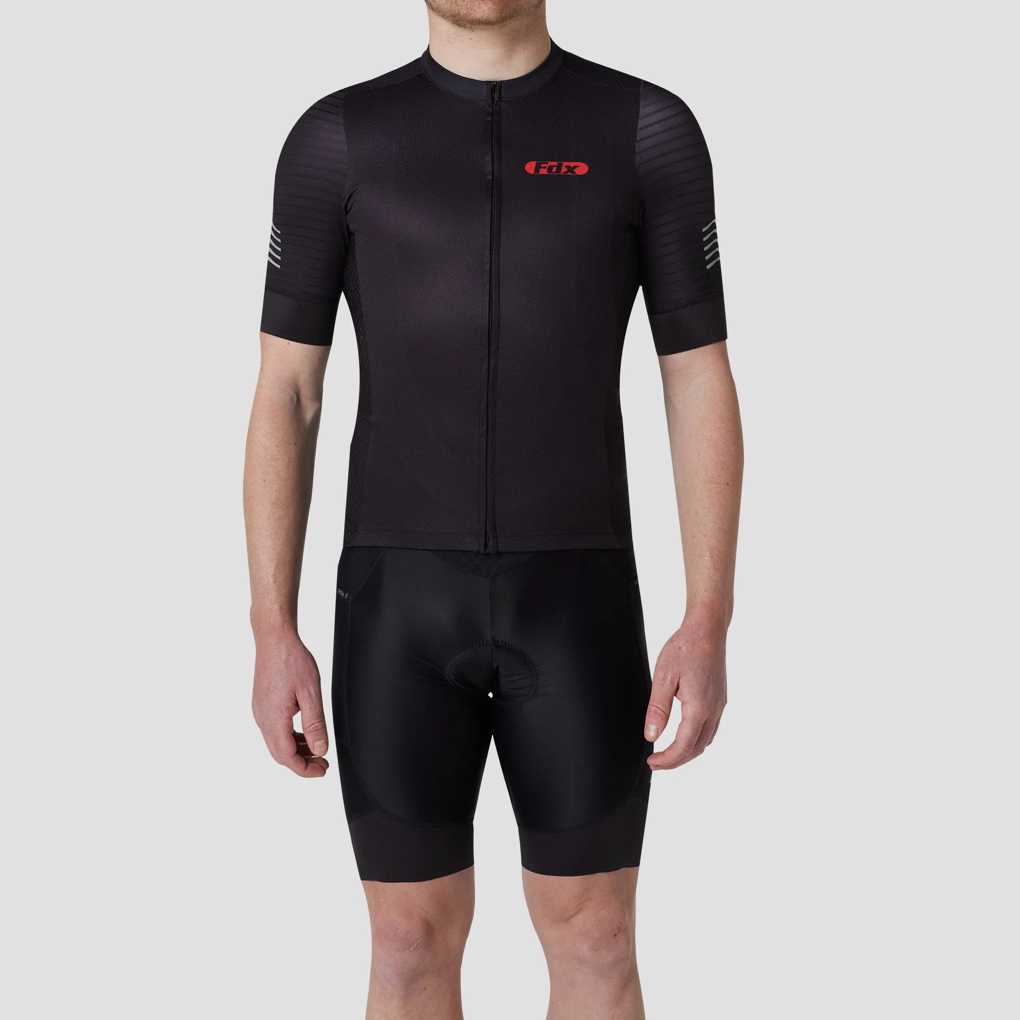 Fdx Men's & Boy's Set Essential Black Short Sleeve Summer Cycling Jersey & Cargo Bib Shorts