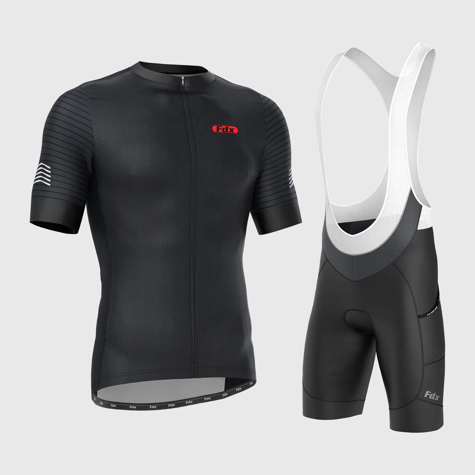 Fdx Men's & Boy's Set Essential Black Short Sleeve Summer Cycling Jersey & Cargo Bib Shorts