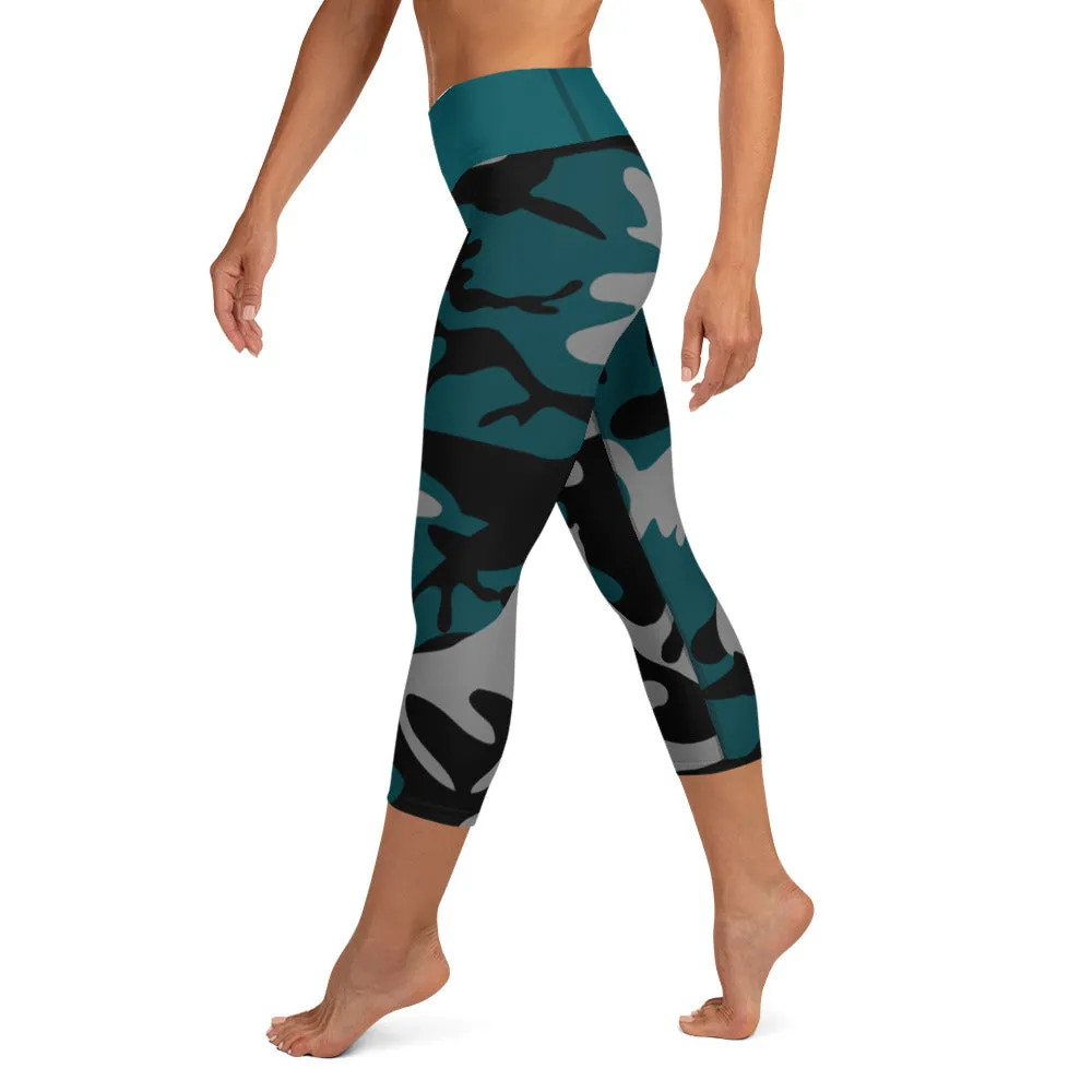 Gray, Teal and Black Camouflage Yoga Capri Leggings