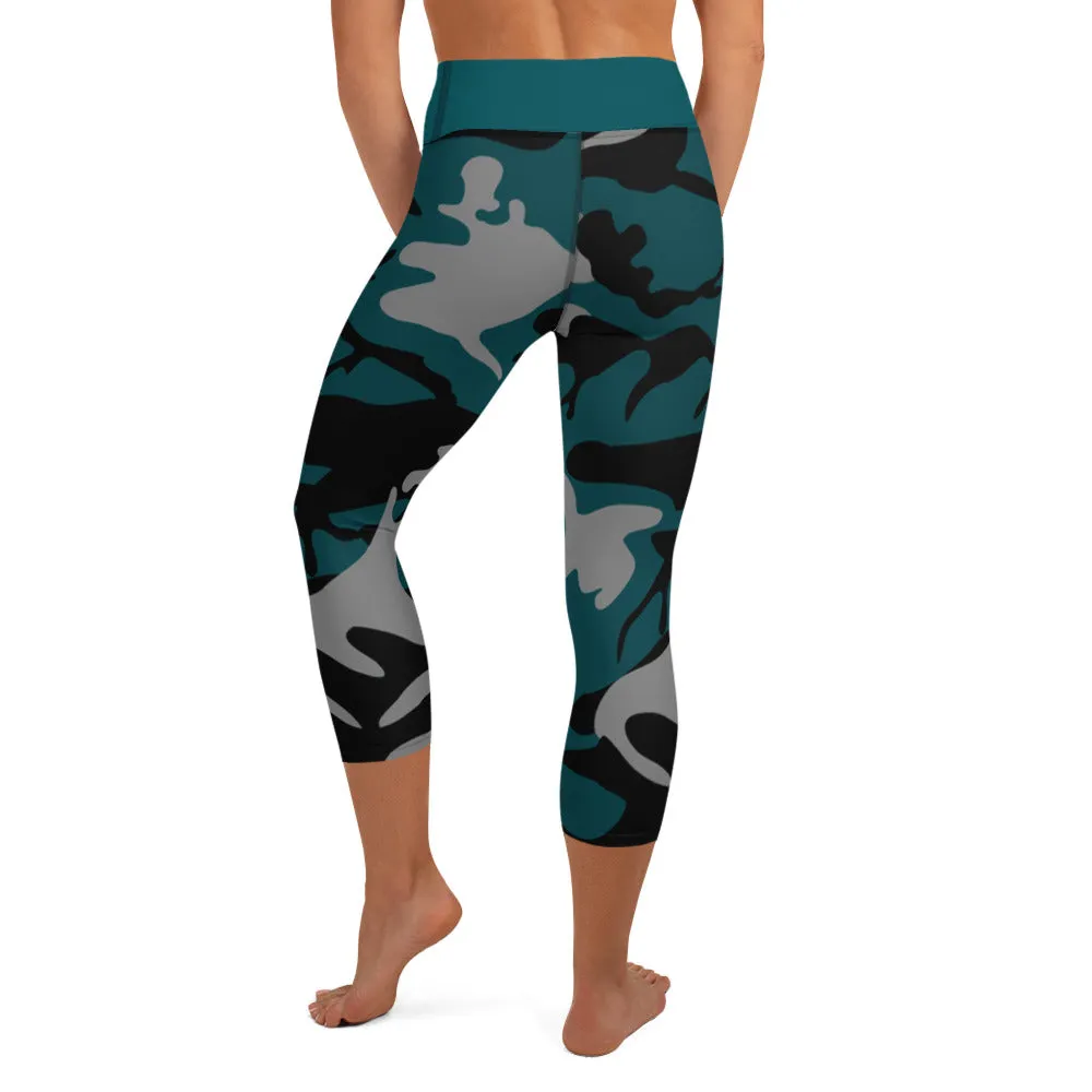 Gray, Teal and Black Camouflage Yoga Capri Leggings