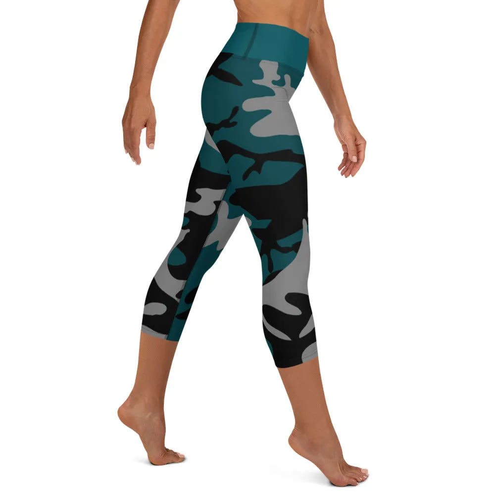 Gray, Teal and Black Camouflage Yoga Capri Leggings