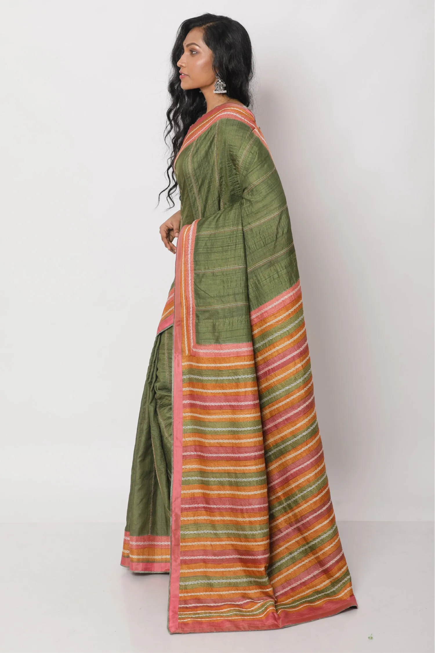 Green Tussar Kantha Saree