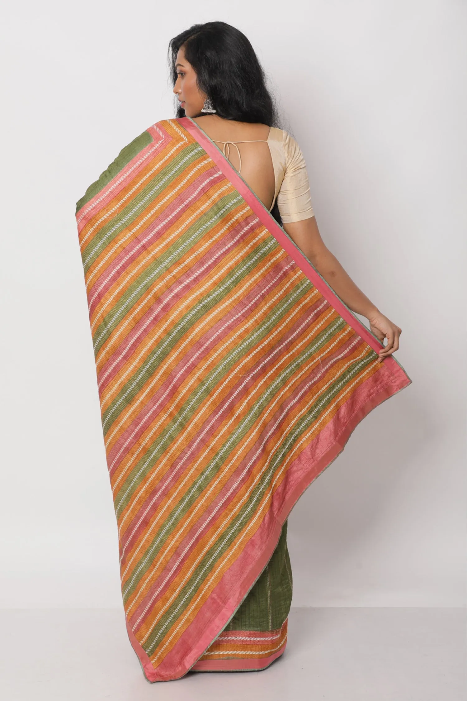 Green Tussar Kantha Saree