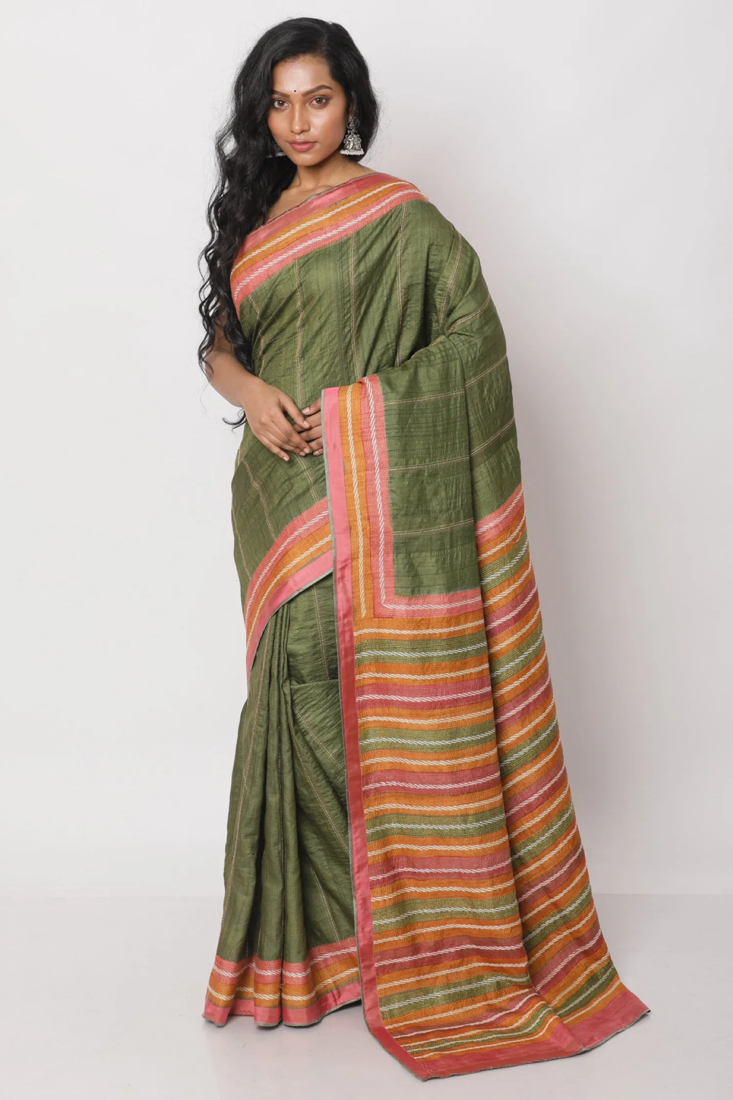 Green Tussar Kantha Saree