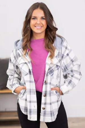 Grey and Off White Plaid Hooded Shacket