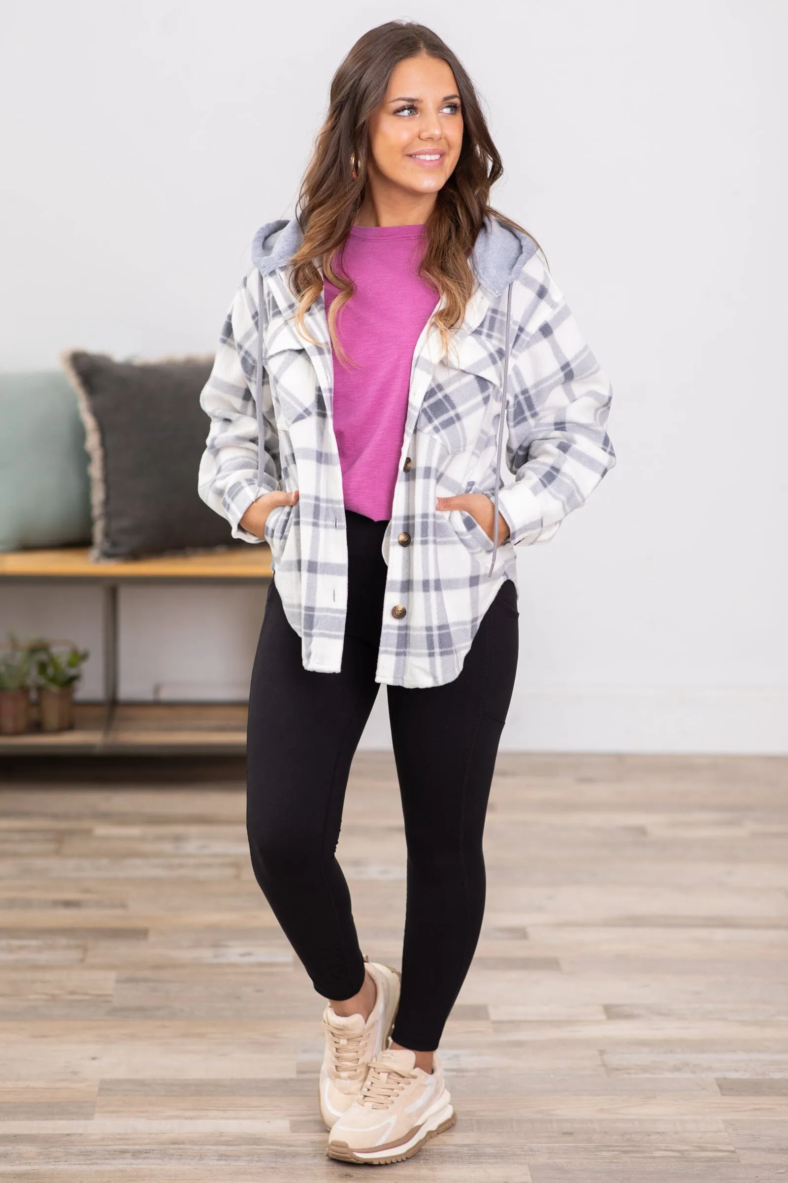Grey and Off White Plaid Hooded Shacket