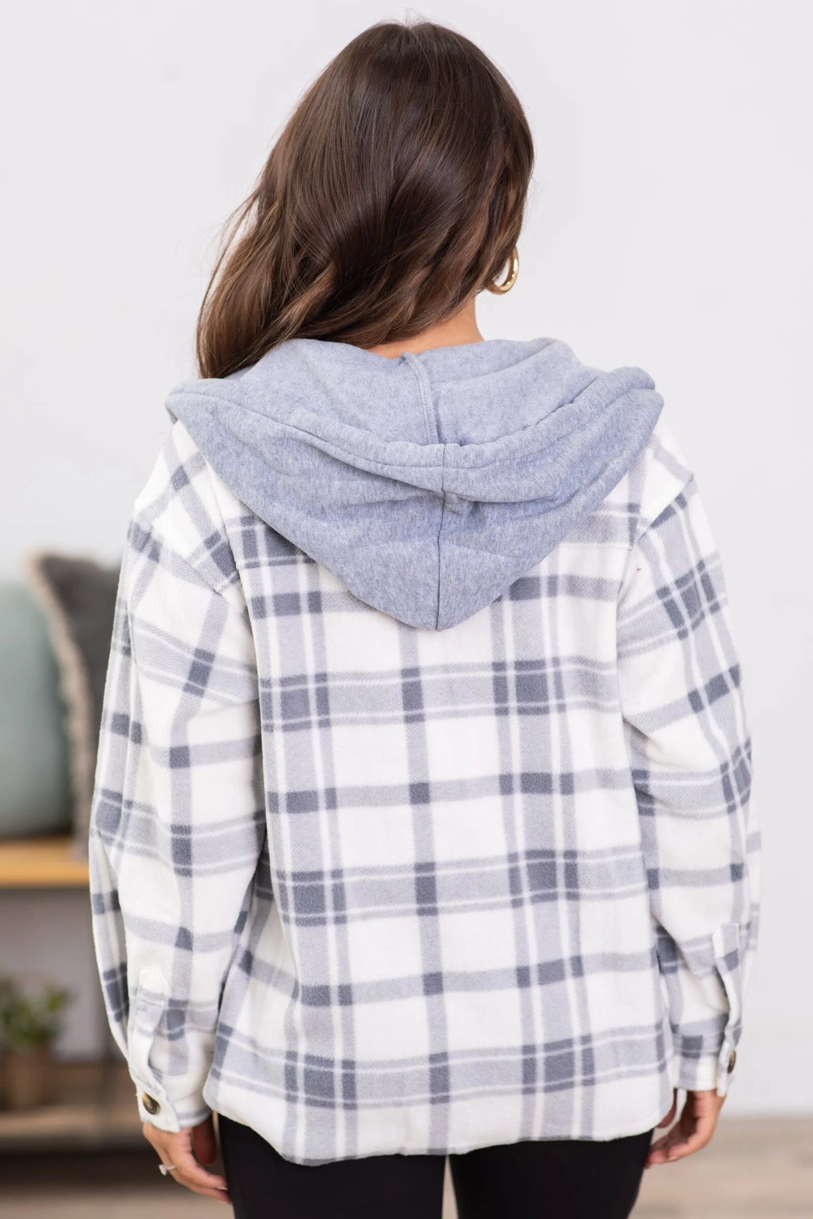 Grey and Off White Plaid Hooded Shacket