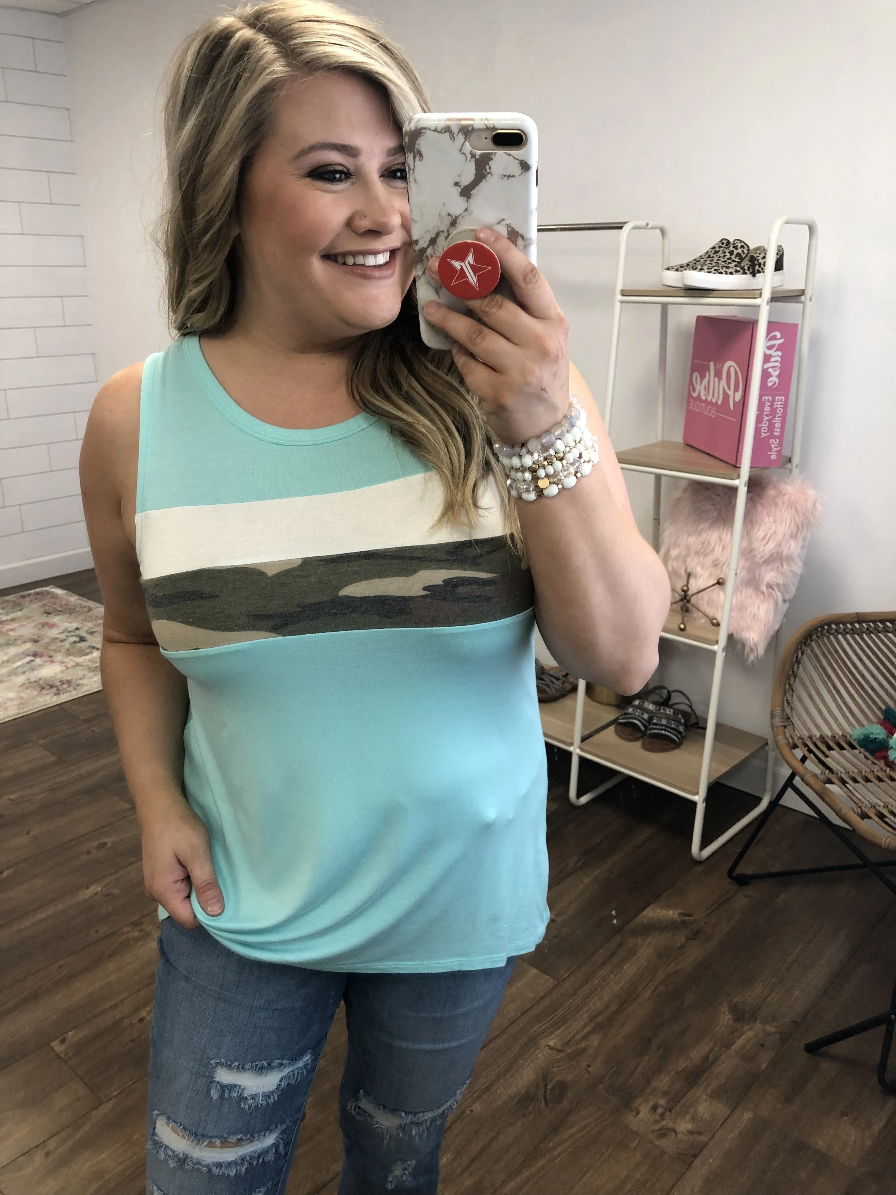 Hint of Camo Tank Top- Light Blue
