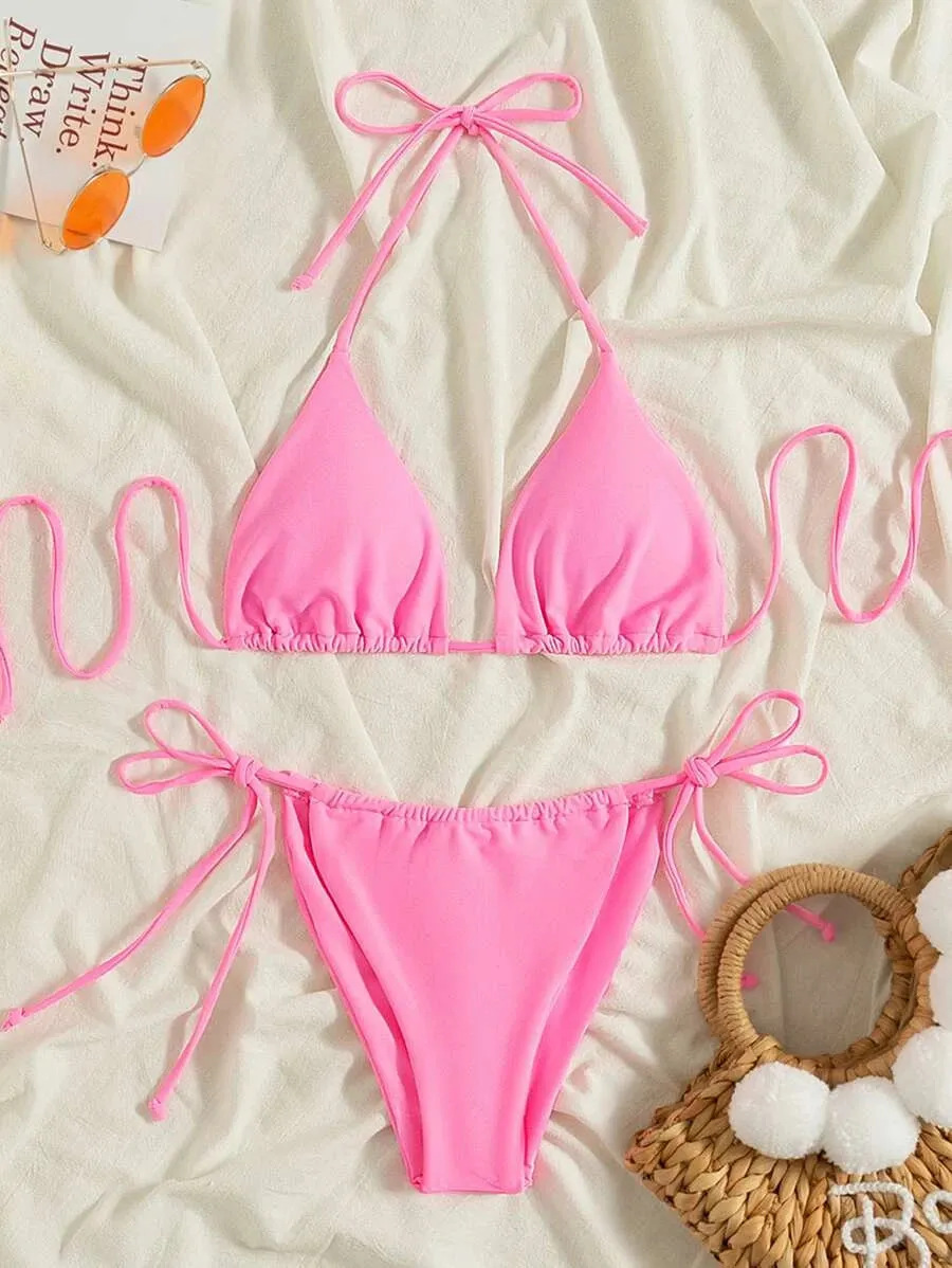 New Shein Halter Triangle Tie Side Bikini Swimsuit, Pink, Sz S!