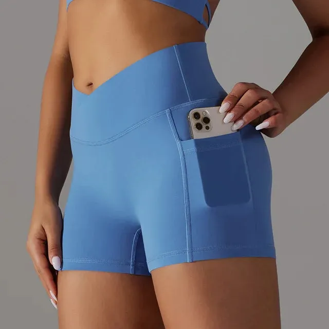 No Front Seam V-Waist Yoga Shorts Women - Gym Shorts, Tummy Control Fitness Athletic Workout Running Shorts with Side Pockets