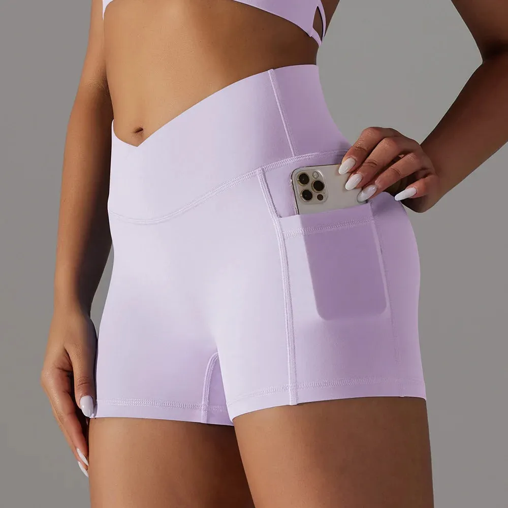 No Front Seam V-Waist Yoga Shorts Women - Gym Shorts, Tummy Control Fitness Athletic Workout Running Shorts with Side Pockets