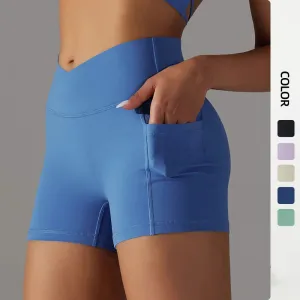 No Front Seam V-Waist Yoga Shorts Women - Gym Shorts, Tummy Control Fitness Athletic Workout Running Shorts with Side Pockets