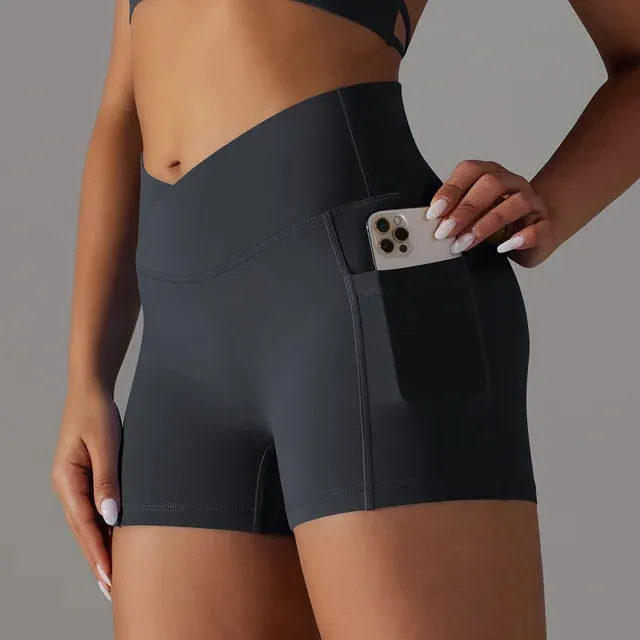 No Front Seam V-Waist Yoga Shorts Women - Gym Shorts, Tummy Control Fitness Athletic Workout Running Shorts with Side Pockets