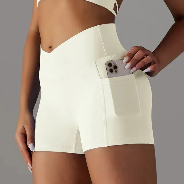 No Front Seam V-Waist Yoga Shorts Women - Gym Shorts, Tummy Control Fitness Athletic Workout Running Shorts with Side Pockets
