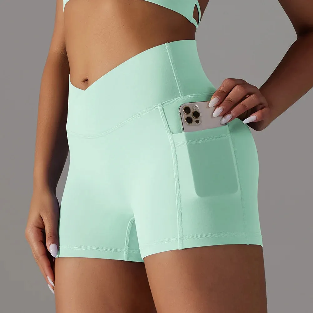 No Front Seam V-Waist Yoga Shorts Women - Gym Shorts, Tummy Control Fitness Athletic Workout Running Shorts with Side Pockets