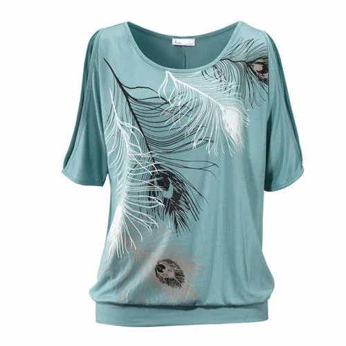 Off shoulder loose fit feather top