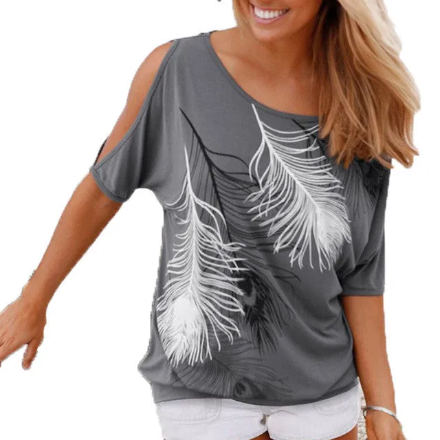 Off shoulder loose fit feather top
