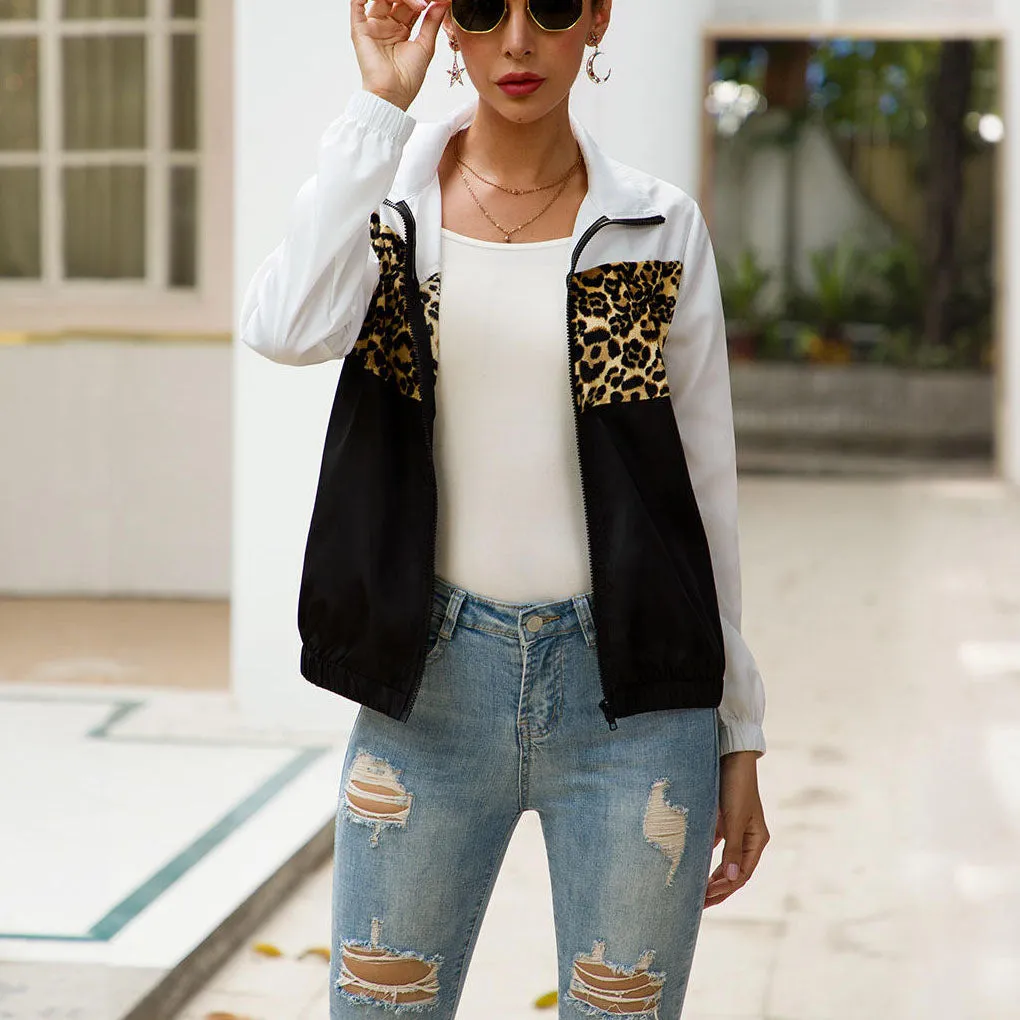 Original Design Fashion Contrast Color Leopard Stitching Jacket Jacket Windbreaker Jacket