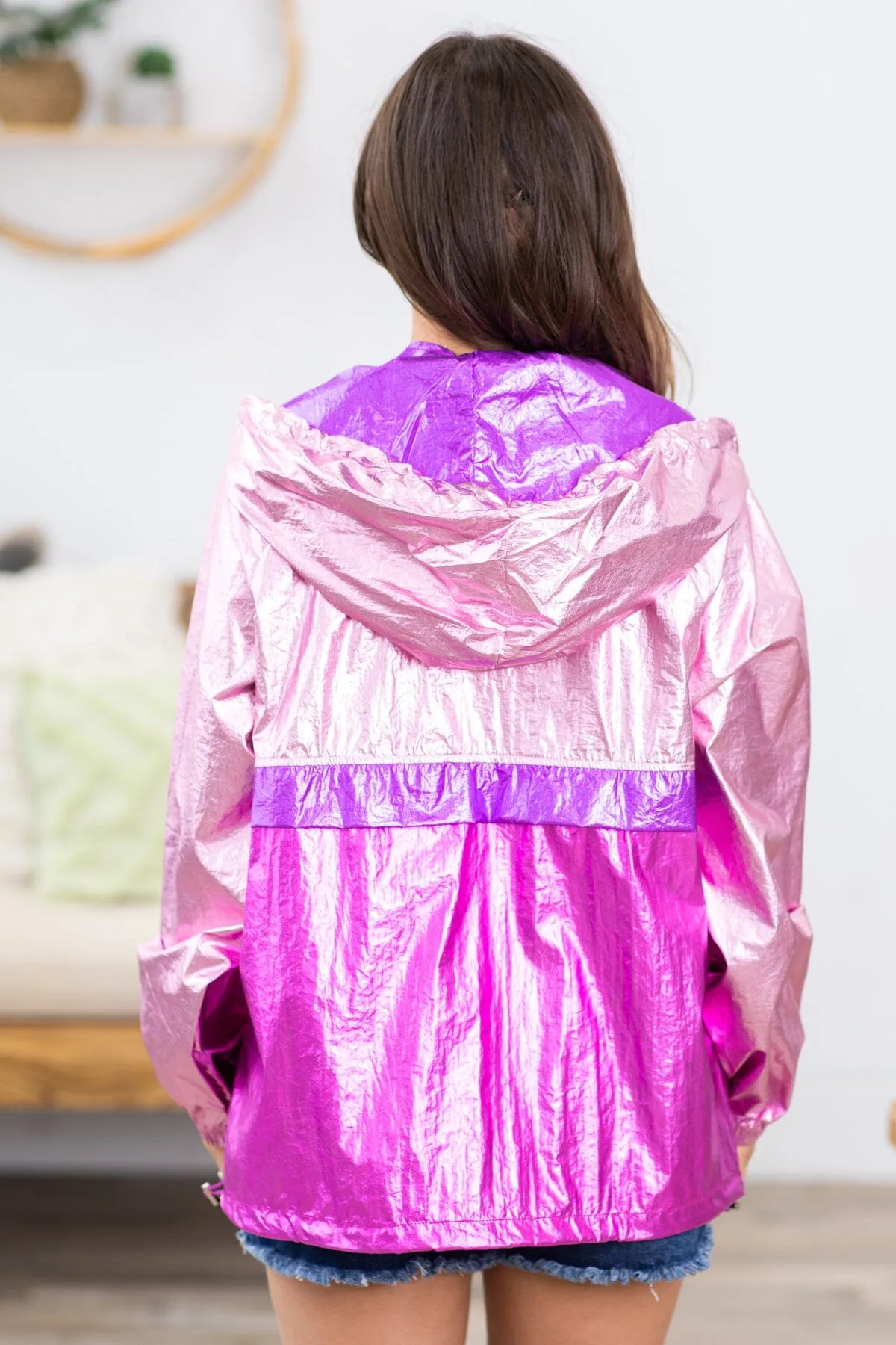 Pink Metallic Colorblock Windbreaker Pullover