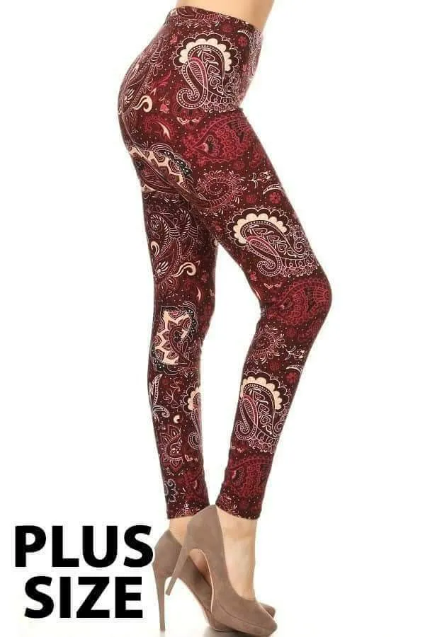 Plus Size Burgandy & Creme Paisley Swirl Print Leggings
