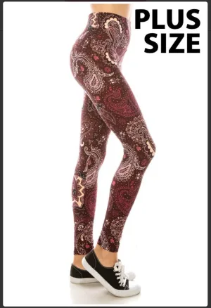 Plus Size Burgandy & Creme Paisley Swirl Print Leggings