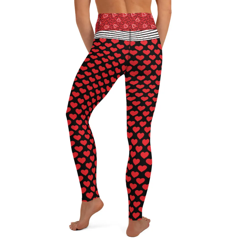 Red Hearts on Black - Yoga Leggings